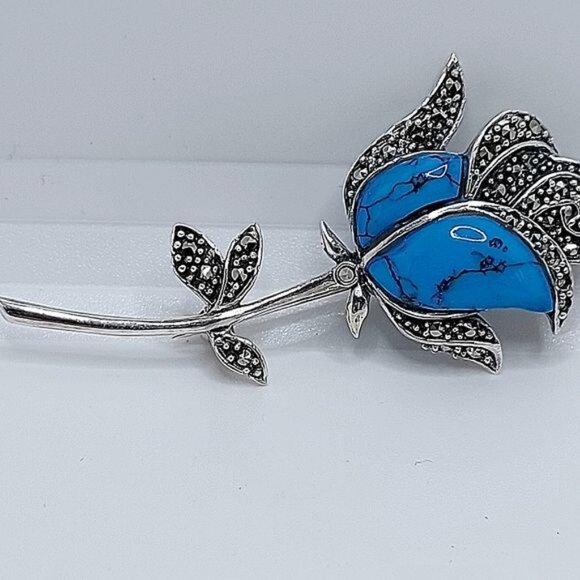 Stabilized Natural Blue Turquoise & Marcasite 925 Sterling Silver Rose‎ Brooch - Picture 10 of 10